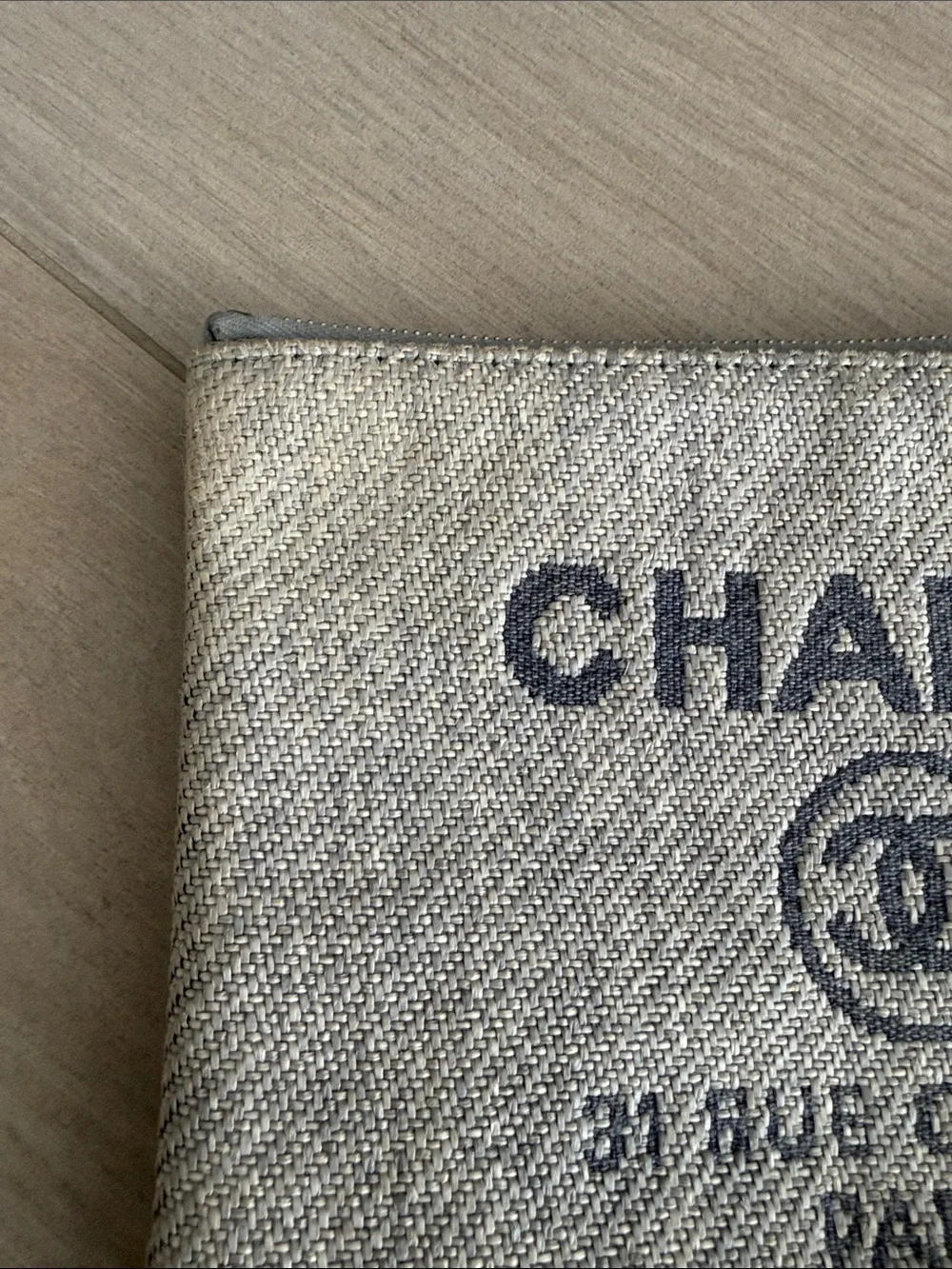 CHANEL Gray Deauville Canvas Zip Pouch with Logo Print